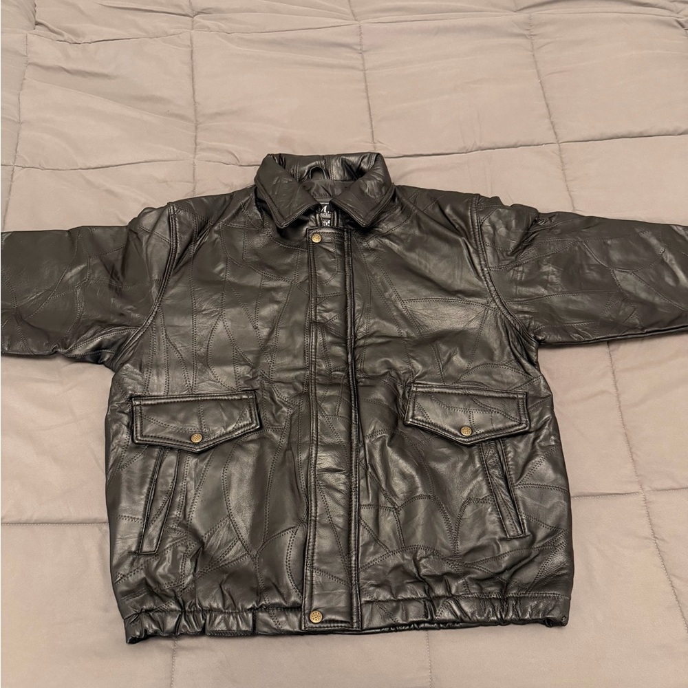 JM Collection Black Leather Bomber Jacket